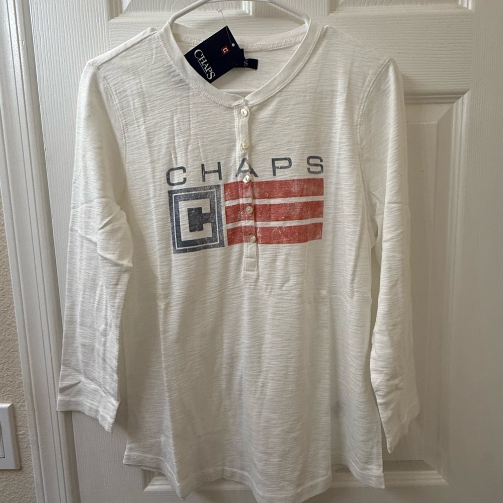 Chaps Cream Long Sleeve Shirt with Red and Blue Graphic